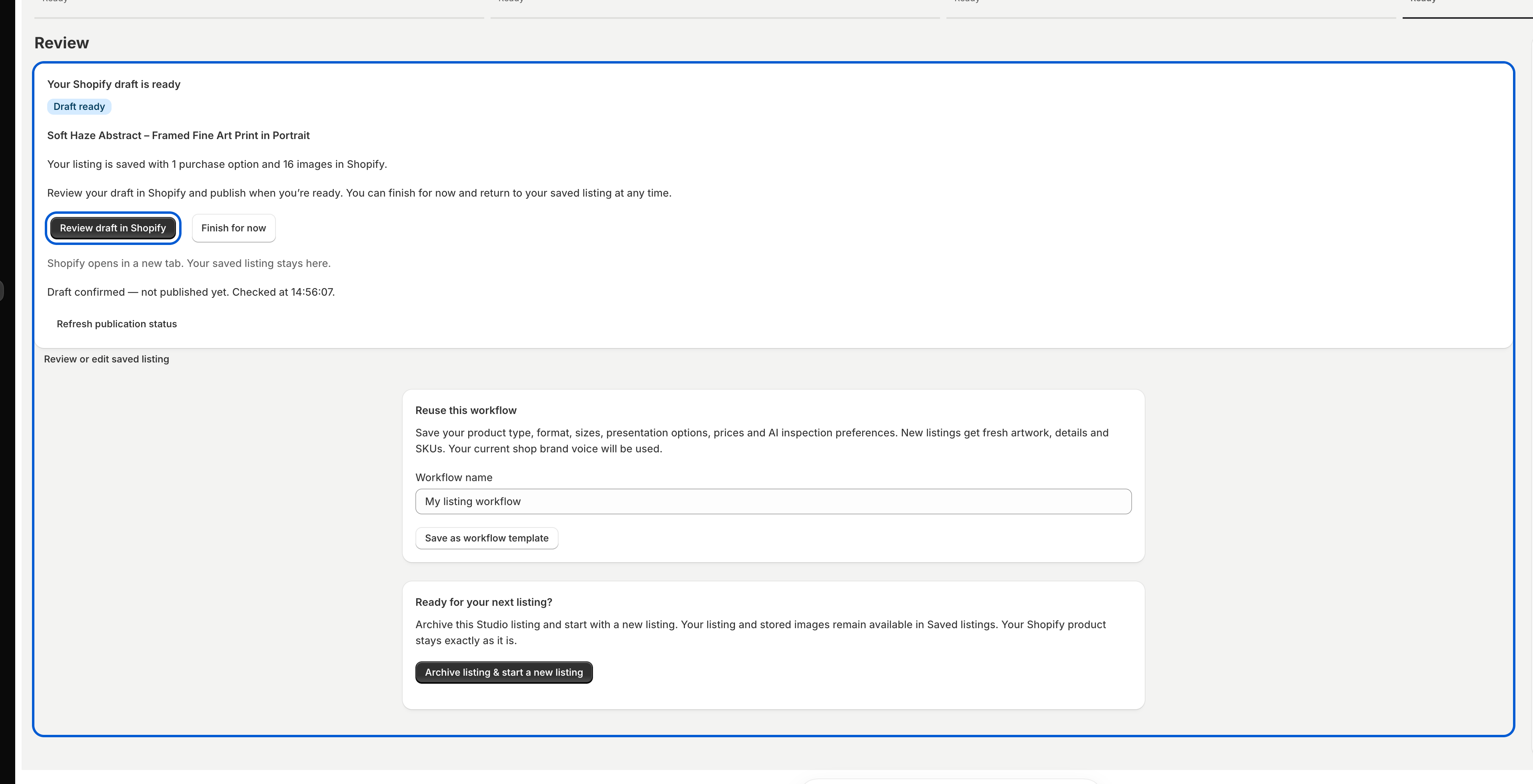 Actual Studio review screen confirming an unpublished Shopify draft with one purchase option and sixteen images